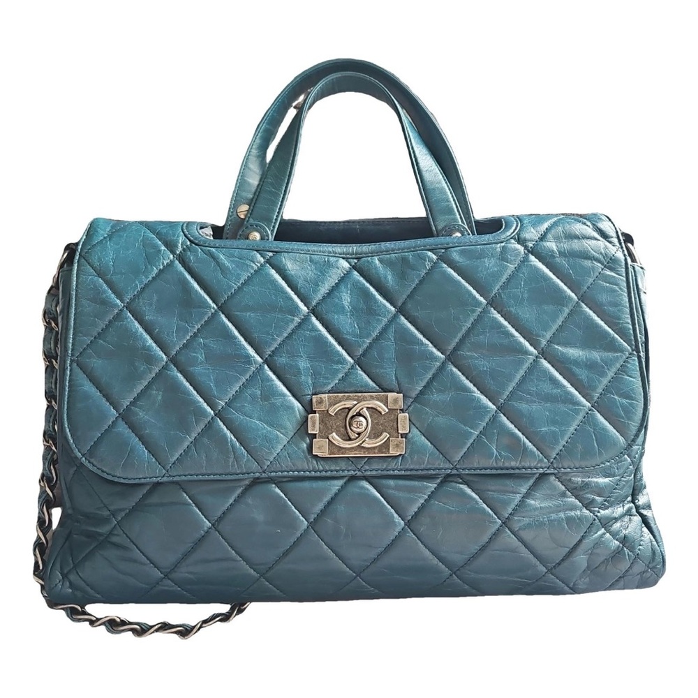 Chanel Large Convertible Boy Bag in blue quilted glazed leather.